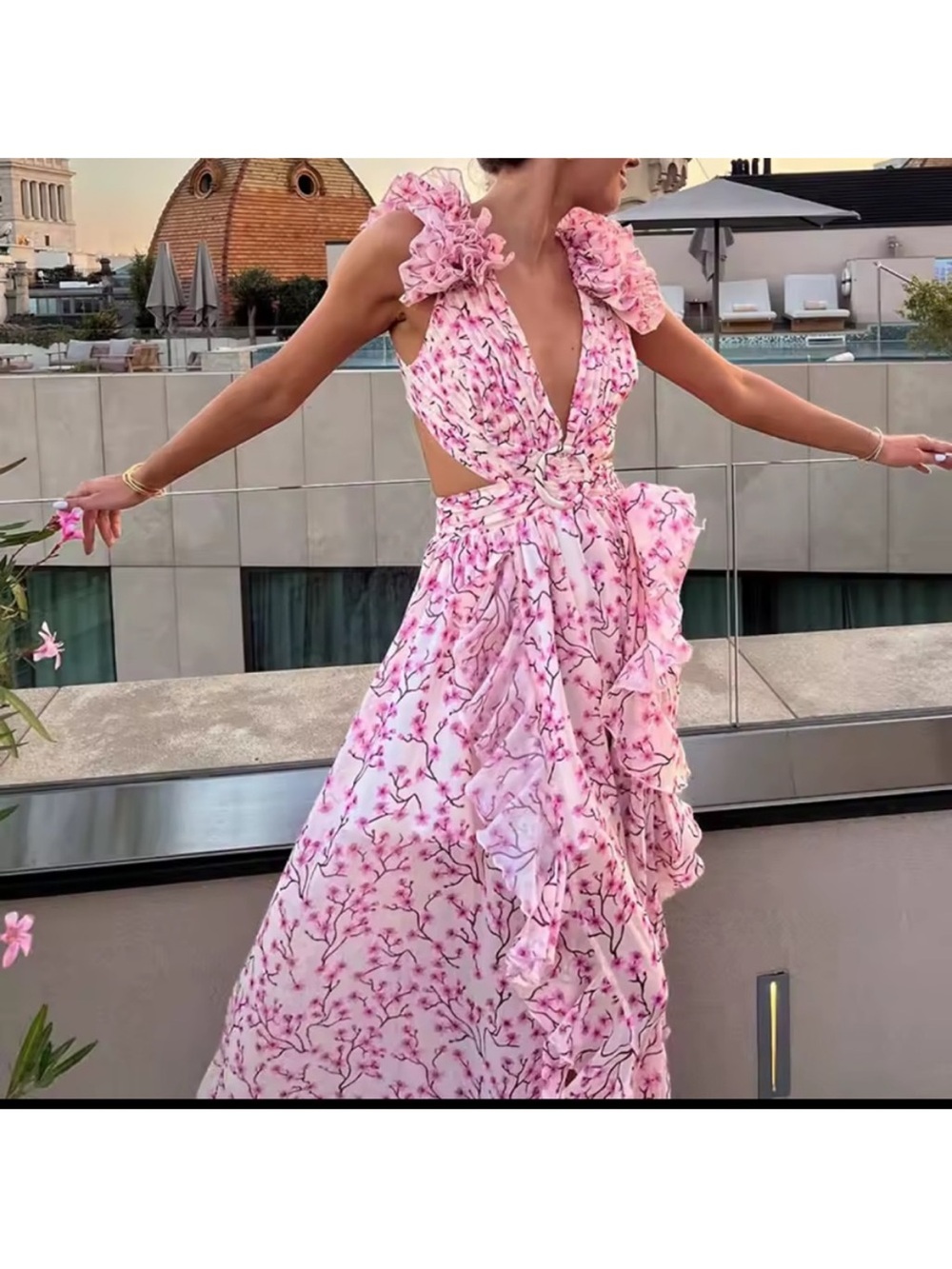 Anne Louise Boutique ALB Ditzy Pink Cassini Floral Maxi Dress Ruffle Details NWT